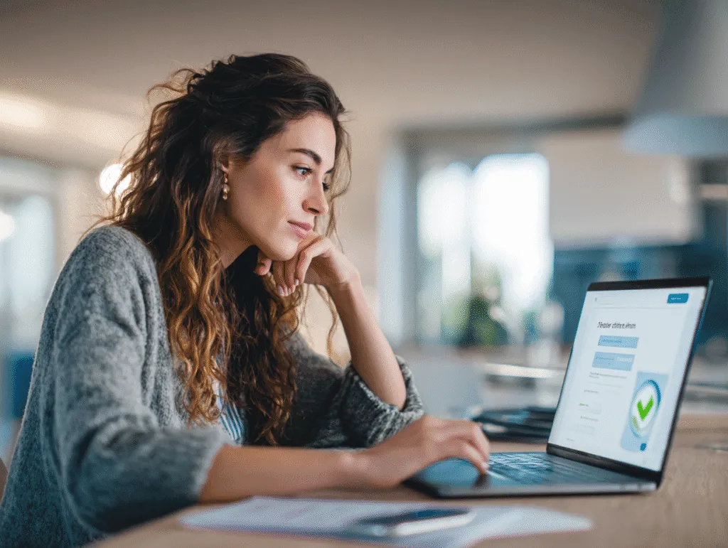 Photorealistic, candid shot, a focused, diverse young woman (the Creator, mid-20s, wearing professional, clean home attire) sitting at a modern desk in a brightly lit, organized home office. She is looking intently at her **laptop screen**, which is filling out a digital form for **identity verification (KYC)**. Her hand is near the mouse or trackpad, ready to click 'Submit'. On the screen, a clear graphic or interface element shows a **green checkmark** next to some blurred words contrasting with the white and blue-style interface. Next to the laptop, a **passport or ID document** is placed next to a smartphone showing a **selfie/verification photo**. The overall mood is **professional, secure, and focused on setting up a digital business**. Full body visible, sharp focus, bright natural lighting with soft shadows. Journalistic style.
